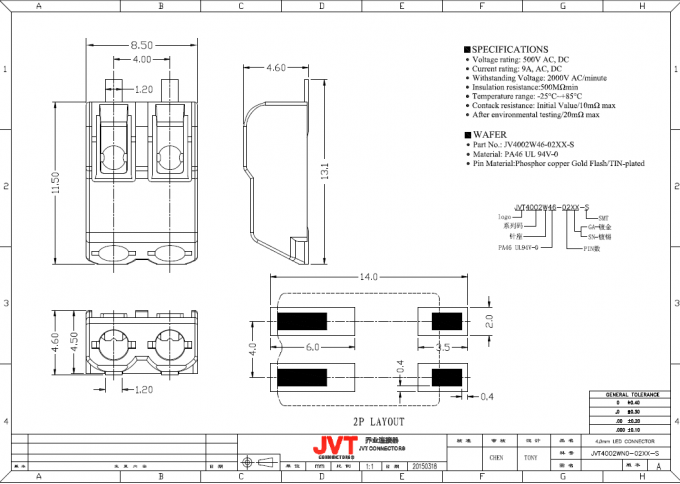 2 полюса SMD LED Quick Connector 4,0 мм Разъемные клеммные колодки 9A AC / DC